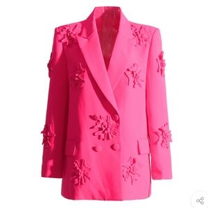Edgy Floral Embroidered Peak Lapel Double Breasted Blazer - Hot Pink